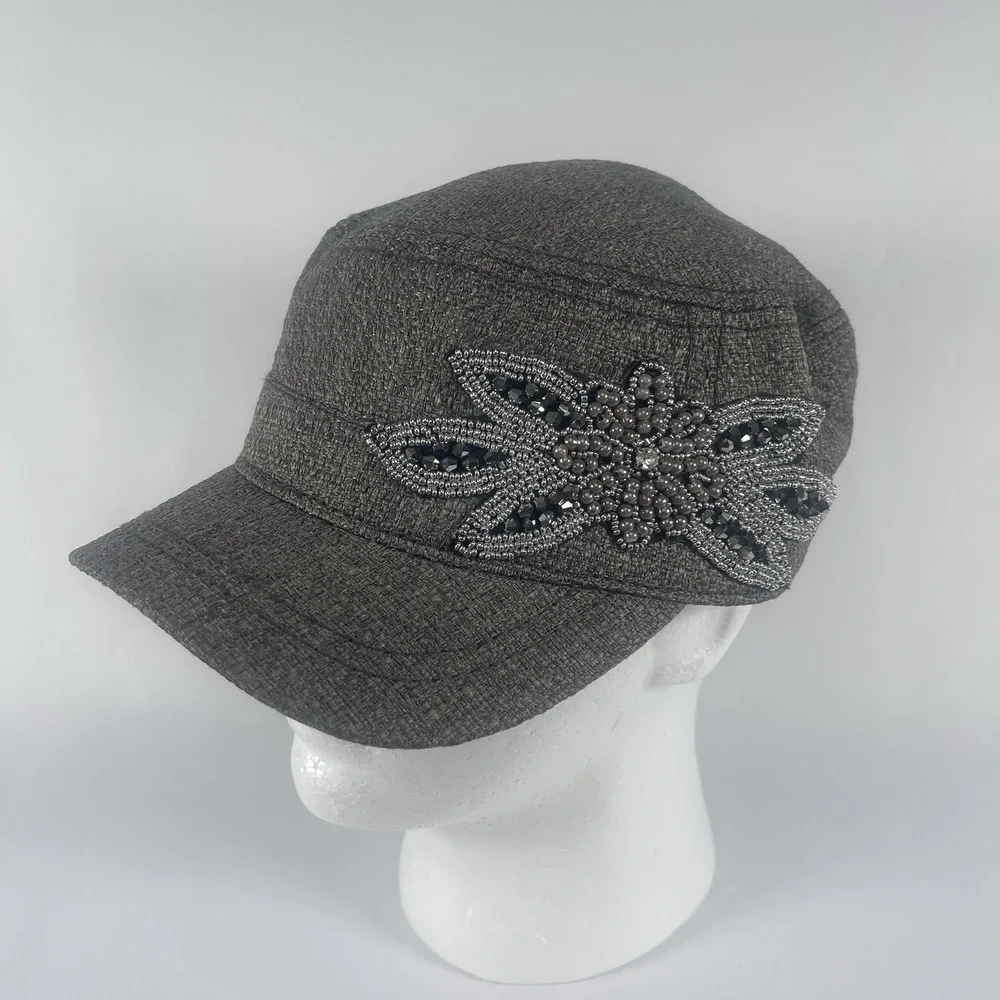 Cadet Hat Cap Women's Gray Embellished Beaded Flower Design Rhinestone Military